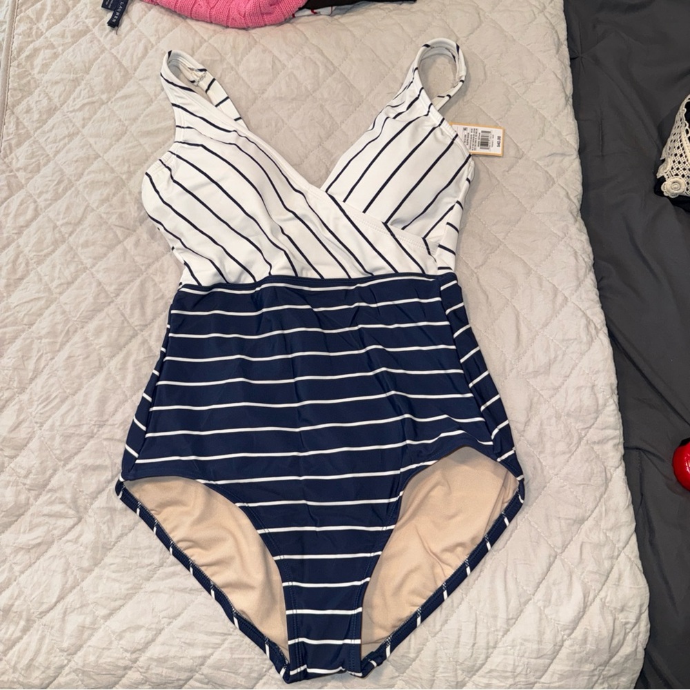 Kona Sol Nautical White and Navy Striped One-Piece Swimsuit